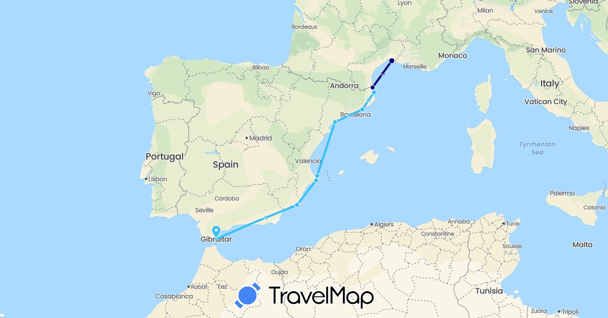 TravelMap itinerary: driving, boat in Spain, France, Gibraltar (Europe)